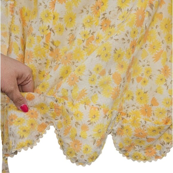 Vintage Handmade Kitchen Apron Yellow Floral Pockets Ric Rac Polka Dot Tie Waist - Picture 8 of 10